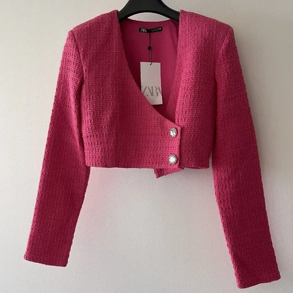 NWT ZARA NEW WOMAN SS22 FUCHSIA TEXTURED Weave CROP TOP 4661 Sz Small Tweed - Picture 4 of 8